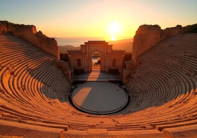 Anfiteatro romano illuminato al tramonto