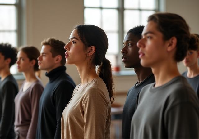 Studenti di recitazione durante una sessione di training vocale in teatro