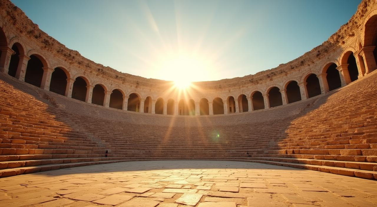 Vista interna di un teatro romano antico che evidenzia la struttura acustica